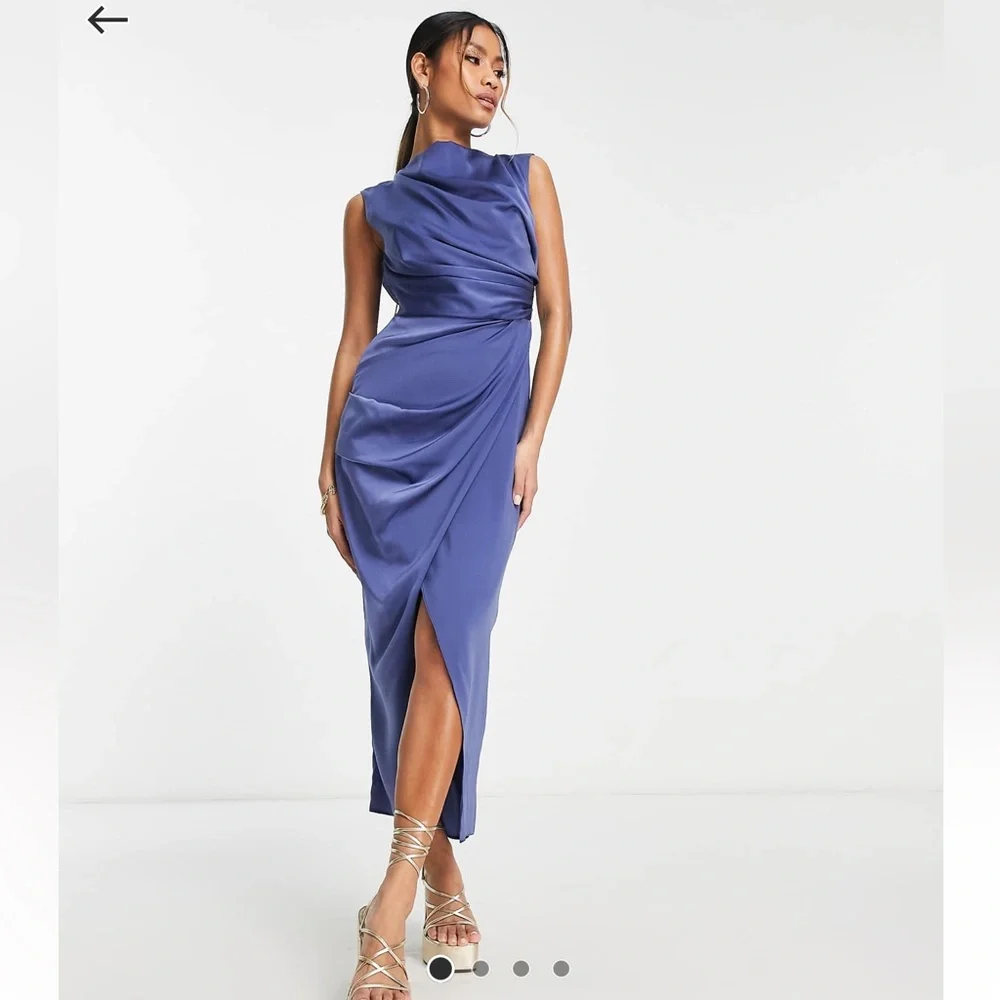 ASOS Blue Satin Draped Midi Dress - Picture 1 of 2